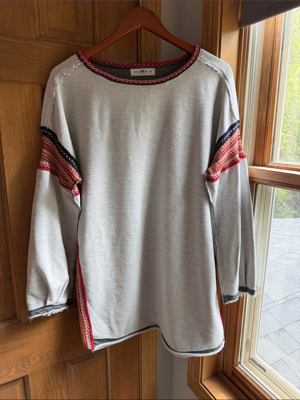 NATURAL LIFE Light Gray Knit Trim Oversized Boho Sweatshirt Size Medium